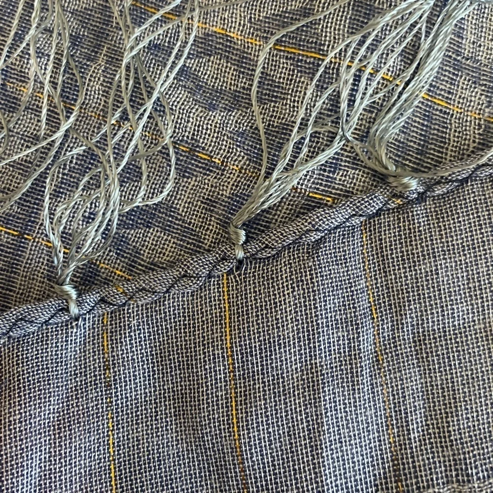 Blue Patterned silk Scarf with Fringe